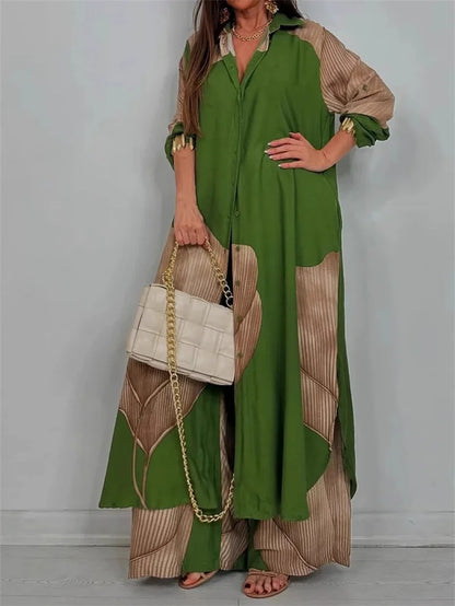 Women Autumn Fashion Casual Color Blocked Loose Shirt Top and Pants Two-piece Set Comfortable Straight Pants Female Suits 2025