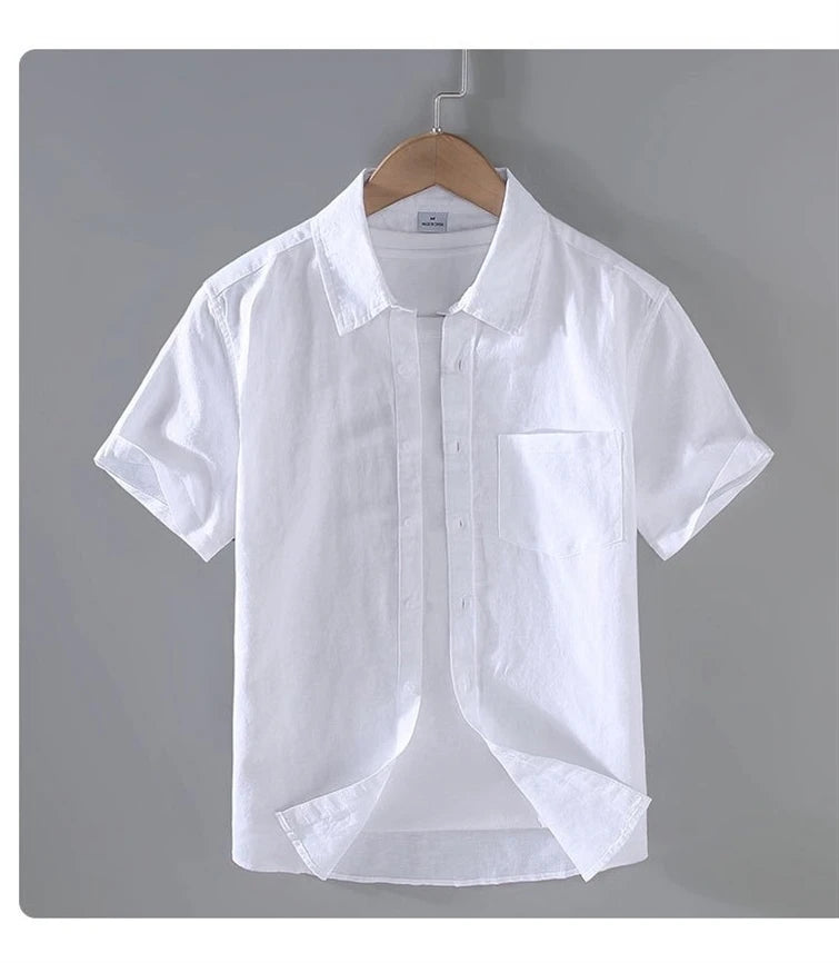 Camicia da uomo in cotone e lino a maniche corte, estiva, stile streetwear, tinta unita, collo alto, casual, stile spiaggia, taglie forti dalla M alla 3XL