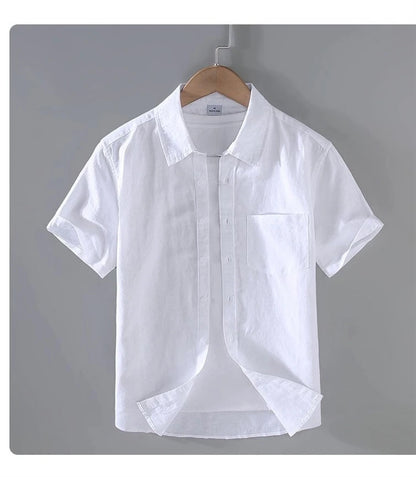 Camicia da uomo in cotone e lino a maniche corte, estiva, stile streetwear, tinta unita, collo alto, casual, stile spiaggia, taglie forti dalla M alla 3XL