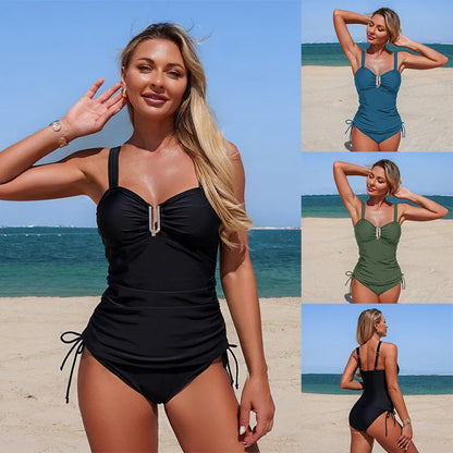 Costume da bagno tankini in nylon a due pezzi, alta elasticità, asciugatura rapida, per donna adulta, tinta unita, stile europeo, nuoto e sport acquatici.