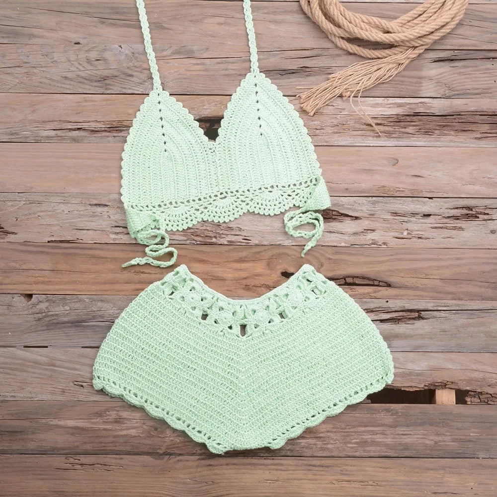 Costume da bagno bikini traforato lavorato a mano, ideale per vacanze al mare, spiaggia, sabbia, due pezzi da donna, con bordo in pizzo e design a gancio, per attività all'aperto e sport.