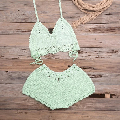 Costume da bagno bikini traforato lavorato a mano, ideale per vacanze al mare, spiaggia, sabbia, due pezzi da donna, con bordo in pizzo e design a gancio, per attività all'aperto e sport.