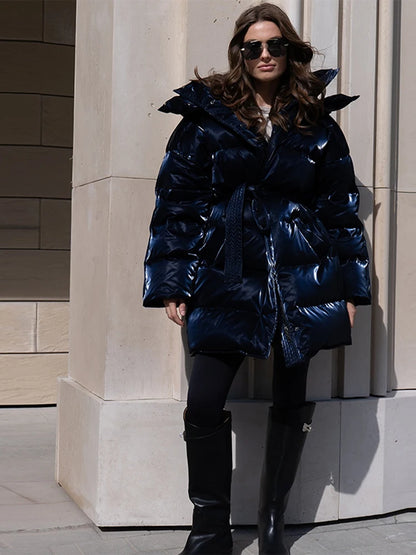 Women's Shiny Quilted Jacket With Detachable Hood Fashion Long Sleeve Zipper Belted Waist Coat Lady 2026 Warm Winter Outerwear