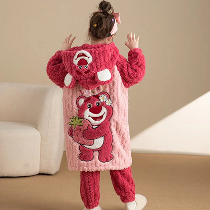 Stitch 2 pezzi pigiama in velluto Kawaii genitore-figlio Kawaii cartone animato anime bambine bambino accappatoio con cappuccio spesso caldo casual carino set di abbigliamento per la casa