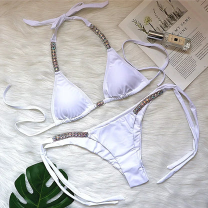 Bikini sexy da donna in 4 colori, tinta unita, lusso, con strass, allacciatura al collo, costume da bagno, set bikini da donna, costume da bagno, perizoma da spiaggia