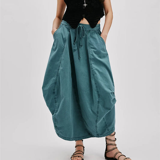 Women Y2k Cargo Parachute Long Skirt Asymmetrical Hem Pleated Bubble Maxi Skirts with Pockets Spring Fall Vintage Streetwear