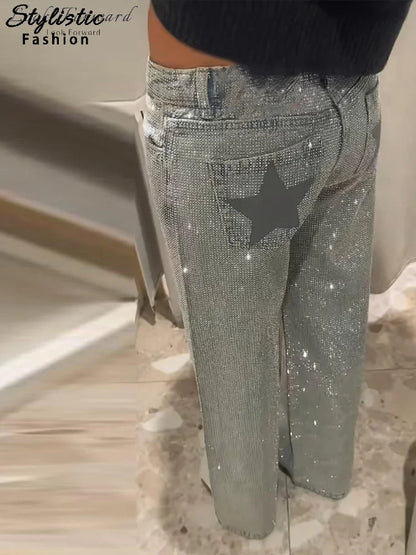 Star Women's Denim Wide-leg Pants Loose High-waist Buttons Glistening Long Trousers 2026 New Ladies Early Spring Solid Pant