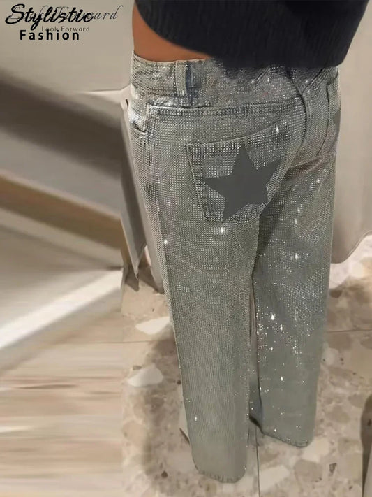 Star Women's Denim Wide-leg Pants Loose High-waist Buttons Glistening Long Trousers 2026 New Ladies Early Spring Solid Pant