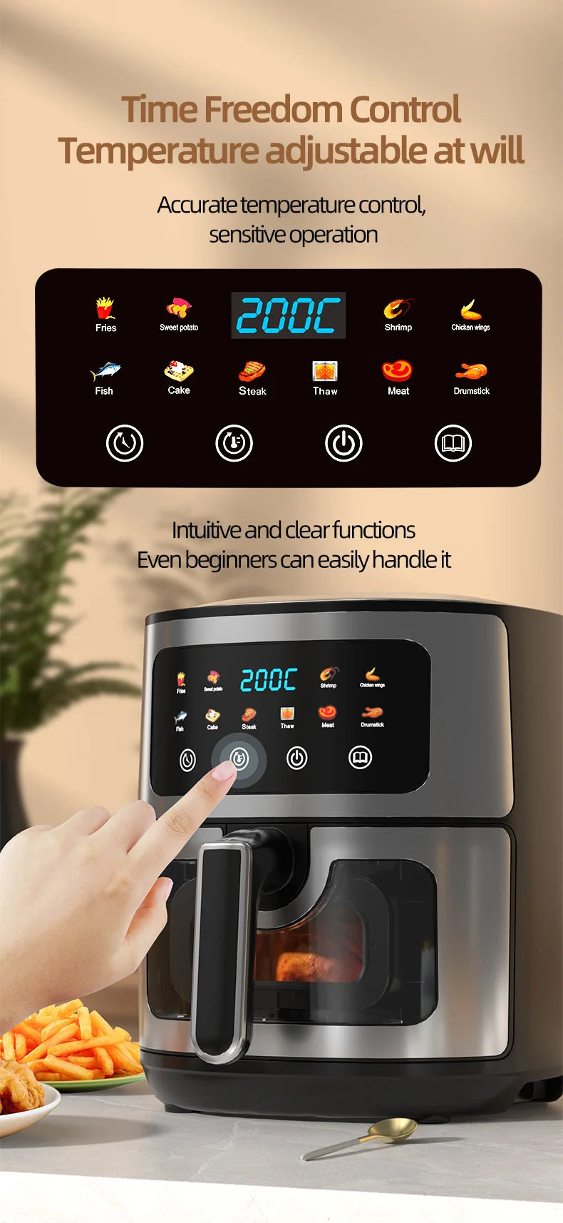 Friggitrice ad aria in acciaio inossidabile da 5 litri, elettrodomestico da cucina elettrico con display LCD e controllo touch screen, senza olio, per casa e hotel