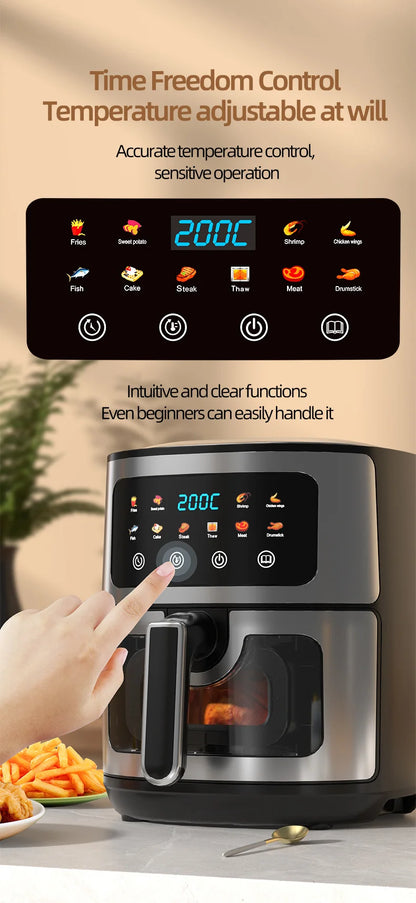 Friggitrice ad aria in acciaio inossidabile da 5 litri, elettrodomestico da cucina elettrico con display LCD e controllo touch screen, senza olio, per casa e hotel