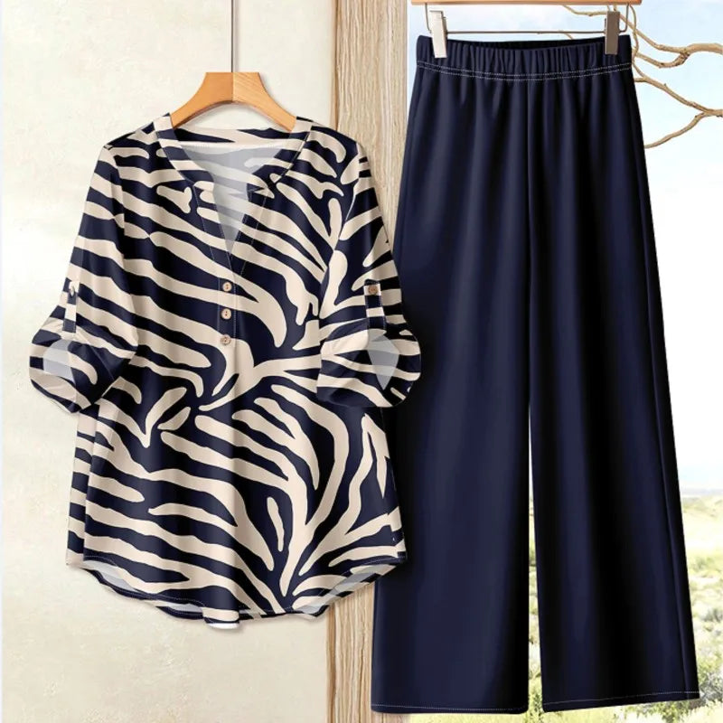 2025 Autumn Casual Women's Suit Fashionable Printed Long-sleeved Loose Top Paired With Solid Color Wide-leg Pants Two-piece Set