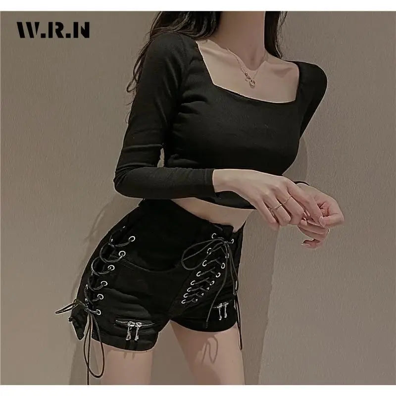 2024 New Bandage Sexy Denim Shorts Women Streetwear Gothic Jeans Mini High Waist Lace Up Casual Zip Black Goth Club Fashion