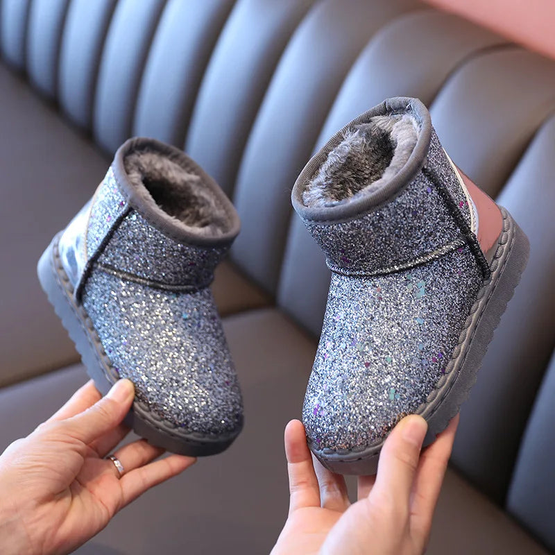 Stivali da neve invernali per bambina, scarpe con pelliccia spessa e scintillante, stivali corti per bambini, caldi, belli, eleganti, slip-on autunnali per adolescenti, scarpe con paillettes