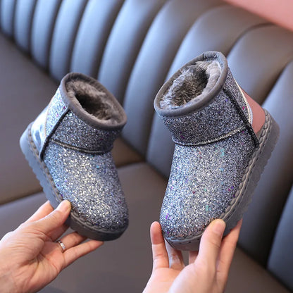 Stivali da neve invernali per bambina, scarpe con pelliccia spessa e scintillante, stivali corti per bambini, caldi, belli, eleganti, slip-on autunnali per adolescenti, scarpe con paillettes