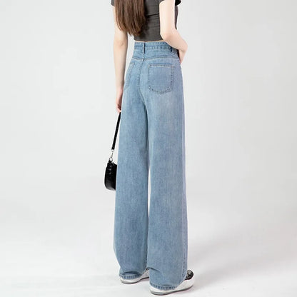 Jeans snellenti a vita alta e gamba larga da donna, modello ampio e comodo, nuova versione coreana, pantaloni lunghi fino al pavimento con gamba dritta e drappeggio.