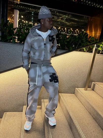 New Fashion Pink Letter Gradient Light Grey Classic Sports Outdoor Set for Men and Women Gothic Hip-Hop Zipper Hoodie and Pants