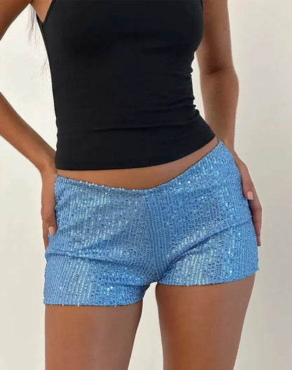 Pantaloncini da donna sexy a vita media, gamba dritta, con paillettes, tinta unita nera, modello slim fit, 2025, multicolore, hot pants