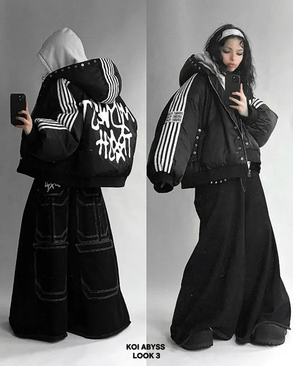 Y2k new women warm cotton-padded jacket American winter new striped button coat Harajuku vintage street wear loose couple jacket