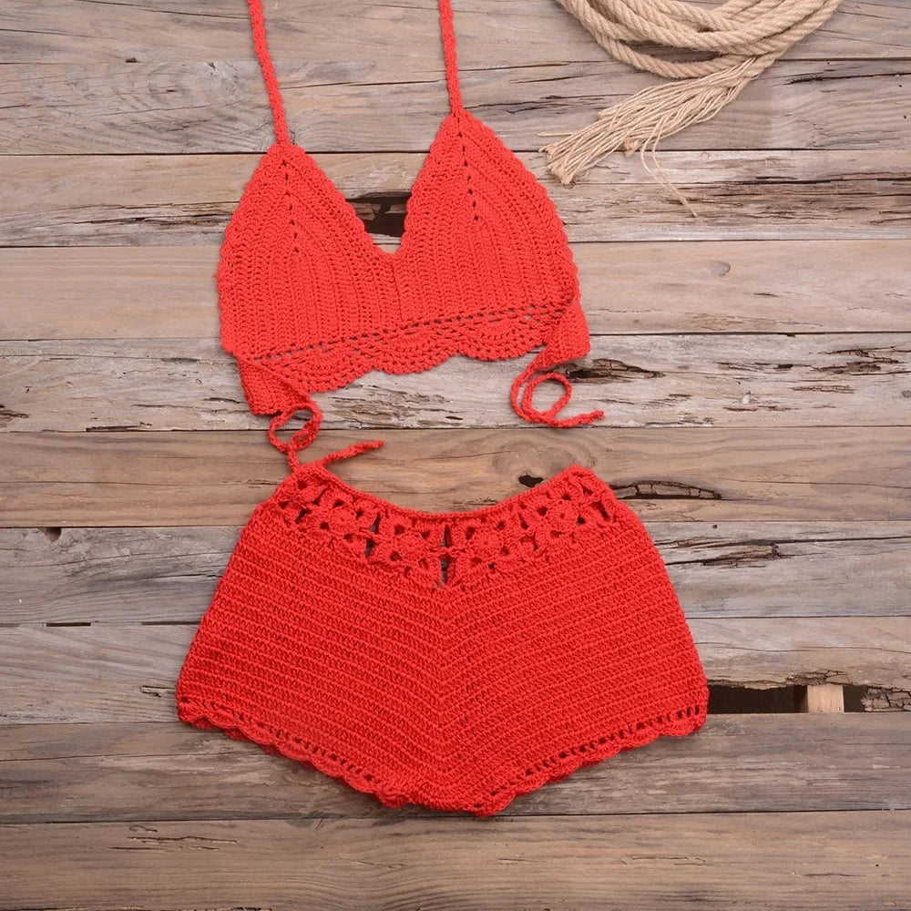 Costume da bagno bikini traforato lavorato a mano, ideale per vacanze al mare, spiaggia, sabbia, due pezzi da donna, con bordo in pizzo e design a gancio, per attività all'aperto e sport.