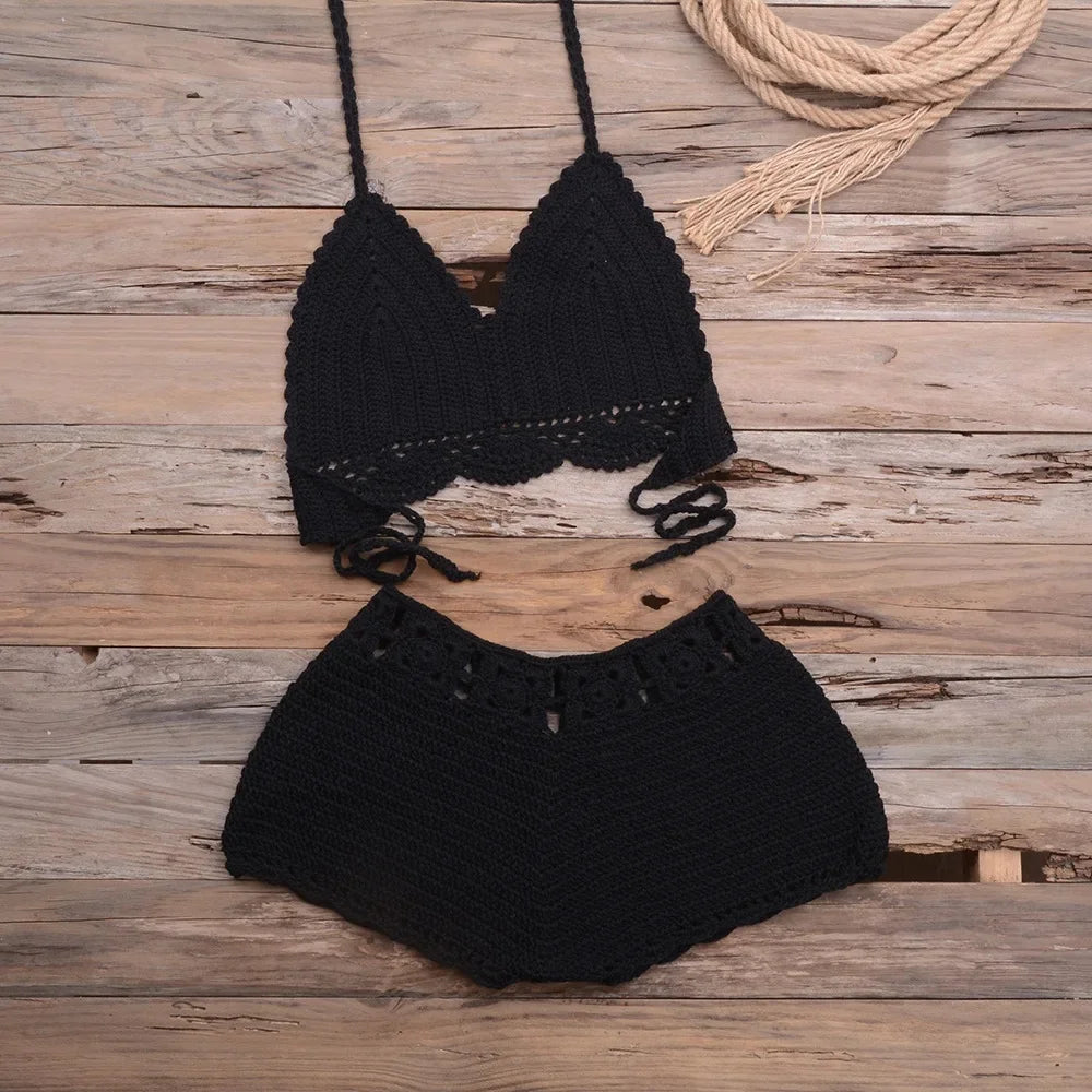 Costume da bagno bikini traforato lavorato a mano, ideale per vacanze al mare, spiaggia, sabbia, due pezzi da donna, con bordo in pizzo e design a gancio, per attività all'aperto e sport.