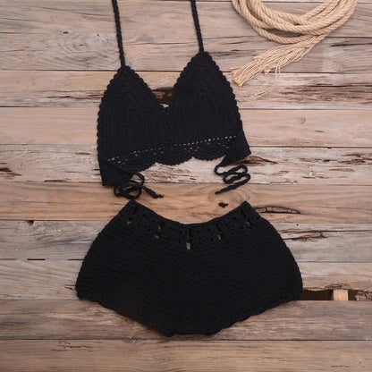 Costume da bagno bikini traforato lavorato a mano, ideale per vacanze al mare, spiaggia, sabbia, due pezzi da donna, con bordo in pizzo e design a gancio, per attività all'aperto e sport.