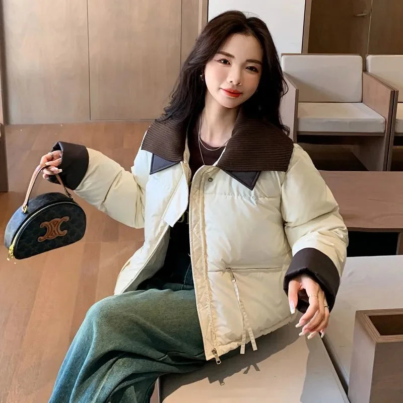 Short and Petite Down Cotton Jacket for Women in Winter 2024 With Loose Cesign and Patchwork Collar Cotton Jacket for Commuting