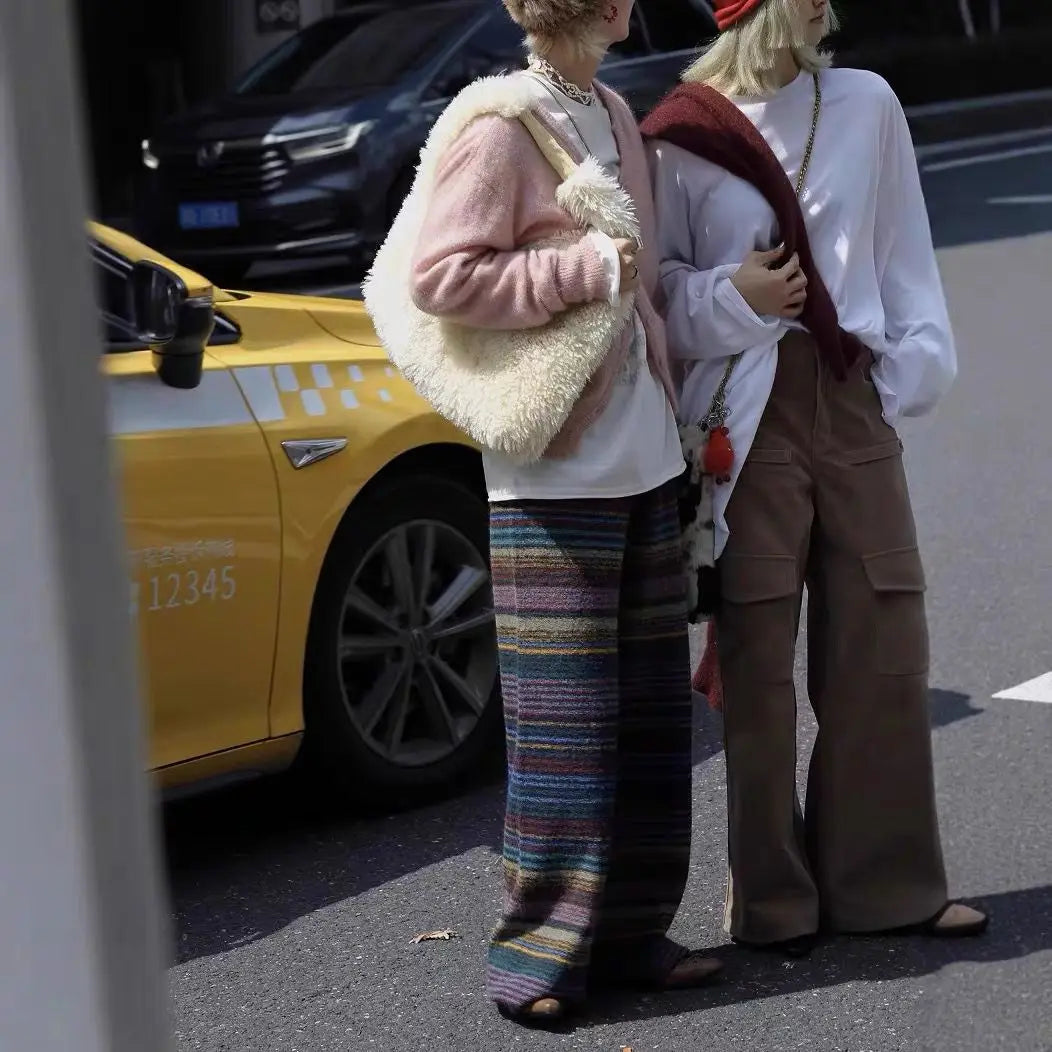 Retro Striped Contrasting Needle Long Leg Pants For Women In Autumn And Winter, New Loose Woolen Casual Fashion Pants