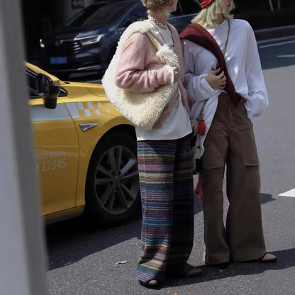 Retro Striped Contrasting Needle Long Leg Pants For Women In Autumn And Winter, New Loose Woolen Casual Fashion Pants