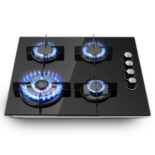 Piano cottura a gas da 60 cm con 4 fuochi, 8000 W, doppia alimentazione (gas naturale/propano), protezione automatica della fiamma, vetro temperato, installazione a incasso o a libera installazione, 220-240 V.