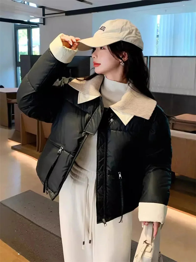 Short and Petite Down Cotton Jacket for Women in Winter 2024 With Loose Cesign and Patchwork Collar Cotton Jacket for Commuting
