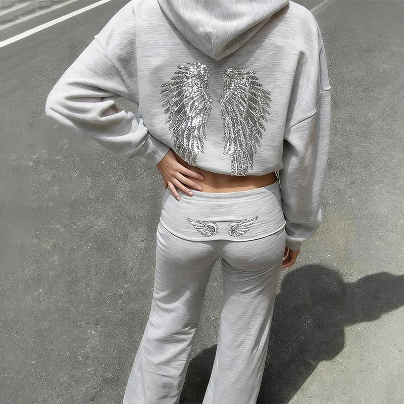 Felpa con cappuccio e pantaloni da donna autunno inverno, set da 2 pezzi, tinta unita, vintage, lucida, con stampa ad ali, manica lunga, con cerniera, casual, streetwear