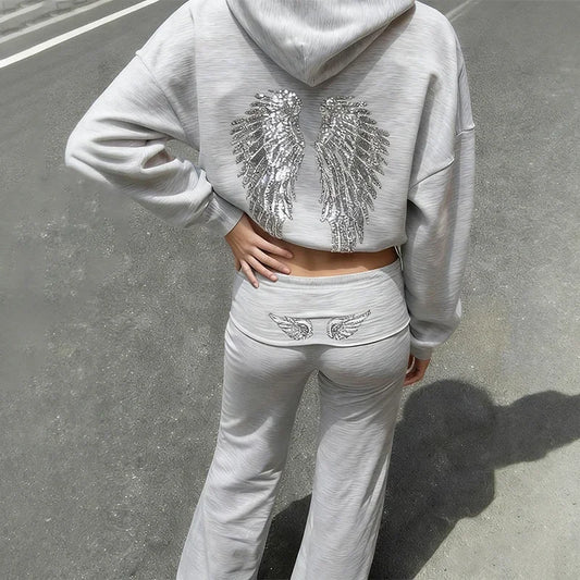 Felpa con cappuccio e pantaloni da donna autunno inverno, set da 2 pezzi, tinta unita, vintage, lucida, con stampa ad ali, manica lunga, con cerniera, casual, streetwear
