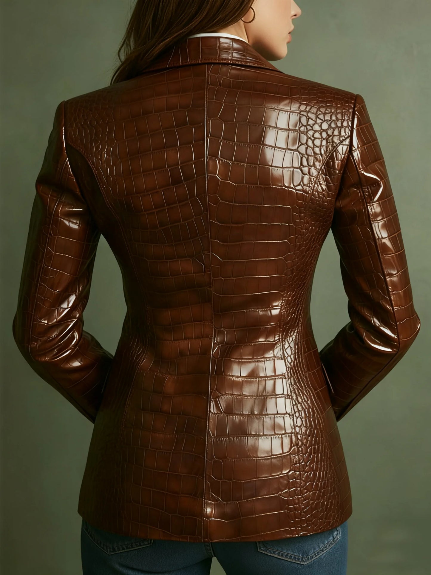 Women's Crocodile PU Leather Blazer, Retro Brown Fitted Jacket for Office & Professional Wear, All-Season Elegant Coat