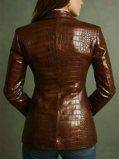 Women's Crocodile PU Leather Blazer, Retro Brown Fitted Jacket for Office & Professional Wear, All-Season Elegant Coat