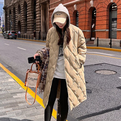 Women's Mid-Length Lightweight down Cotton Jaet Diamond id Knitted Coat Knee-High Winter Faion Korean Sle Loose Fit