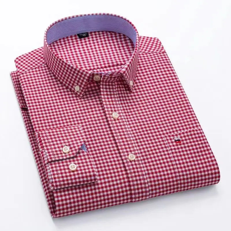 Camicia da uomo a quadri con bottoni a maniche lunghe in cotone 100%, con tasca singola sul petto, vestibilità standard, casual, stile Oxford a quadri e righe