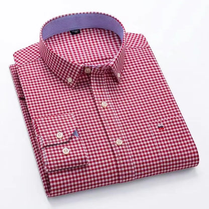Camicia da uomo a quadri con bottoni a maniche lunghe in cotone 100%, con tasca singola sul petto, vestibilità standard, casual, stile Oxford a quadri e righe