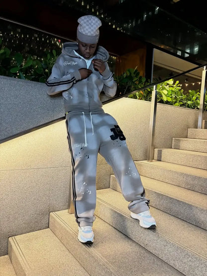 New Fashion Pink Letter Gradient Light Grey Classic Sports Outdoor Set for Men and Women Gothic Hip-Hop Zipper Hoodie and Pants