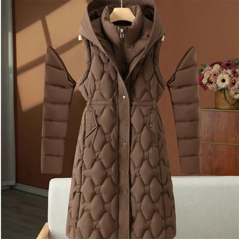 2025 Fashion Winter Long Parkas Women's Down Cotton-padded Jacket Detachable-sleeve Coats Thicken Warm Overcoat Hooded Outerwear