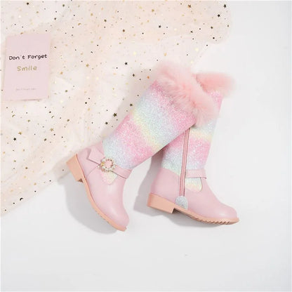 Nuovi stivali rosa da bambina per l'autunno/inverno 2023, modello principessa arcobaleno, lunghezza al ginocchio, con pelliccia sintetica.