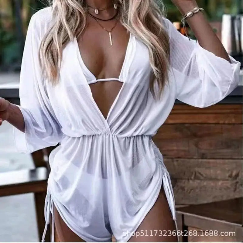 Conservative Leaf Print Bikini Three Piece Set Waist Cinching String Sports Style Beach Swimsuit High Elasticity Polyester