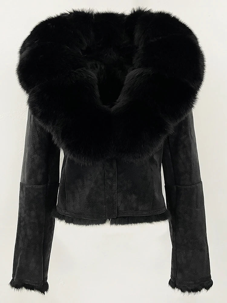 OFTBUY Cappotto corto alla moda con collo in pelliccia di volpe naturale da donna, nuovo abbigliamento autunnale e invernale in pelliccia, giacca in vera pelliccia di coniglio con fodera in pelle scamosciata da donna