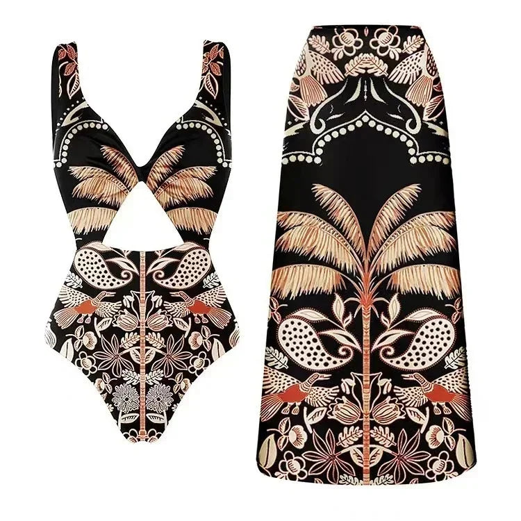 Sexy Bird Print Mesh High Waist Bikini 3 Pieces Sets Women Fashion Hollow Out One Pieces Swimwear 2024 New Beach Sarong Monokini