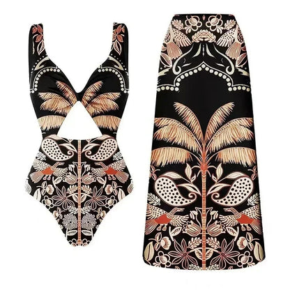 Sexy Bird Print Mesh High Waist Bikini 3 Pieces Sets Women Fashion Hollow Out One Pieces Swimwear 2024 New Beach Sarong Monokini