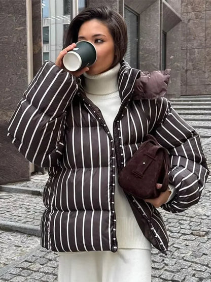 Casual Striped Loose Coat Women Full Sleeve Zippers Stand Collar Thicken Jackets Female 2025 Street Autumn Winter Lady Outwears
