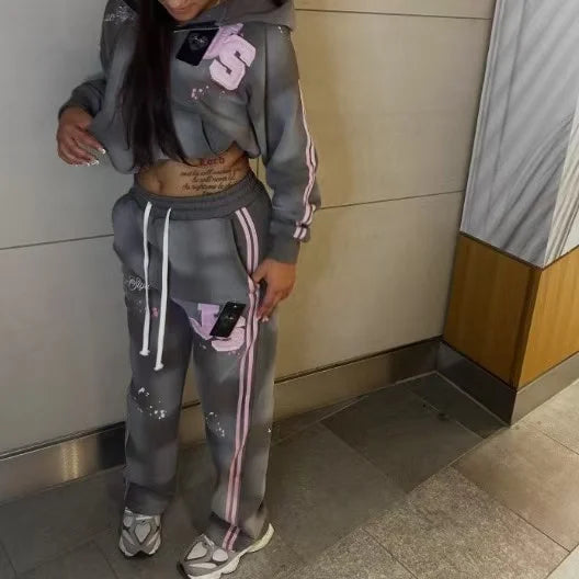 New Fashion Pink Letter Gradient Light Grey Classic Sports Outdoor Set for Men and Women Gothic Hip-Hop Zipper Hoodie and Pants
