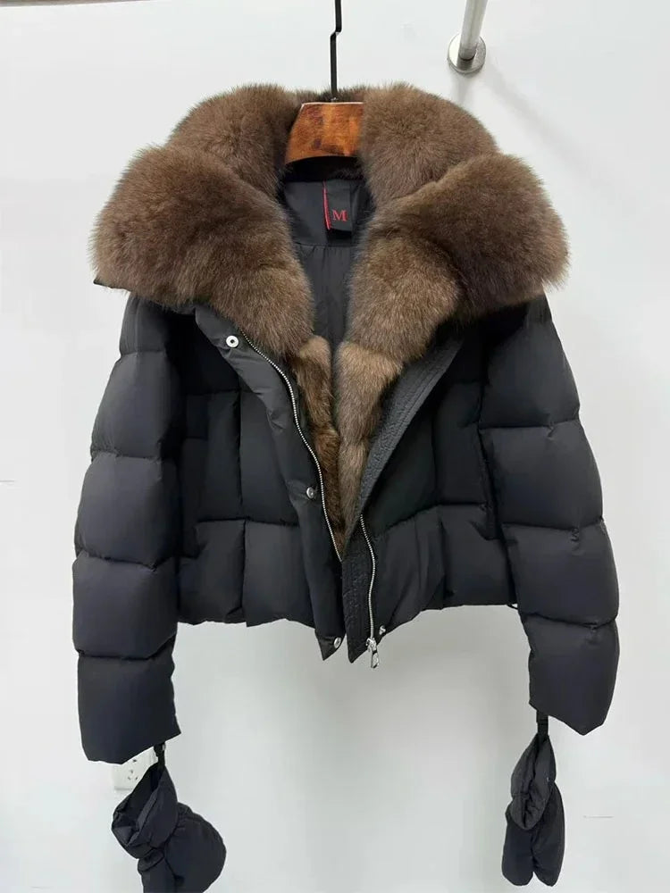 Cappotto in piumino d'oca con collo in pelliccia di volpe naturale, giacca di lusso in pelliccia, parka casual caldo da donna, giacca imbottita in vera pelliccia