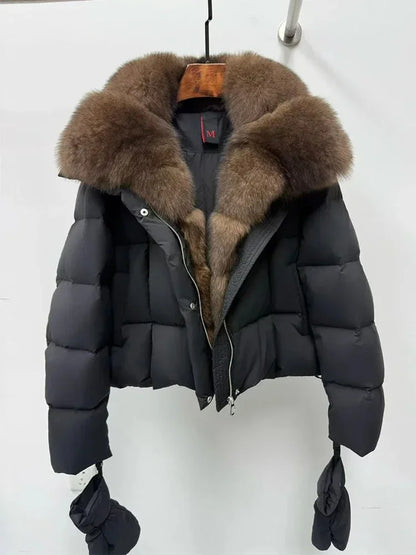 Cappotto in piumino d'oca con collo in pelliccia di volpe naturale, giacca di lusso in pelliccia, parka casual caldo da donna, giacca imbottita in vera pelliccia