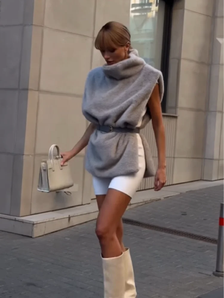 Gilet chic moderno in pelliccia sintetica, collo alto, cintura, vestibilità slim, gilet da donna, appuntamenti, elegante, rilassato, alla moda, casual, abbigliamento femminile