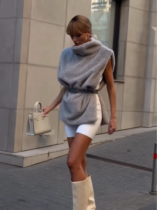Gilet chic moderno in pelliccia sintetica, collo alto, cintura, vestibilità slim, gilet da donna, appuntamenti, elegante, rilassato, alla moda, casual, abbigliamento femminile